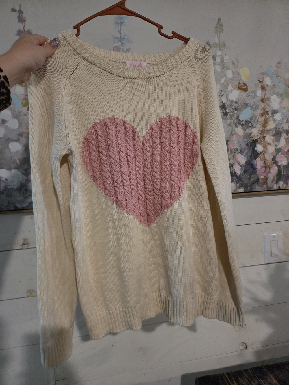 Pink Lily Cream Sweater with Pink Heart Cable Knit